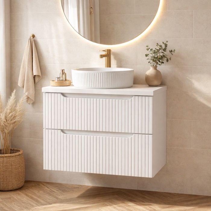 Badezimmer-Set VANO weiß 80cm: Unterschrank mit Schubladen + weiße Waschtischplatte + weiße gerillte Aufsatzwaschbecken