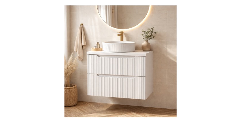 Ensemble VANO 80cm blanc alpin : meuble sous vasque à tiroirs, plan pour vasque et vasque à poser mis en situation