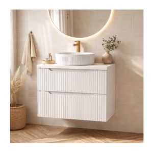 Ensemble VANO 80cm blanc alpin : meuble sous vasque à tiroirs, plan pour vasque et vasque à poser mis en situation