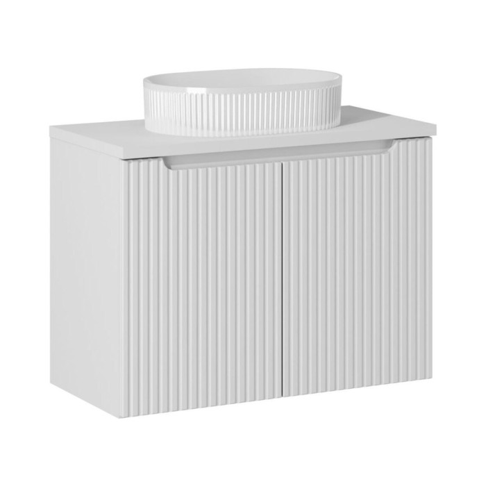 <p>VANO set wit 80cm: onderkast met kastdeuren + witte wastafelblad + geribbelde opzetwastafel wit</p>