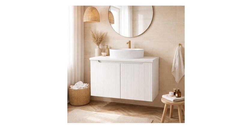 Ensemble VANO 80cm blanc alpin : meuble sous vasque à placards, plan pour vasque et vasque à poser mis en situation