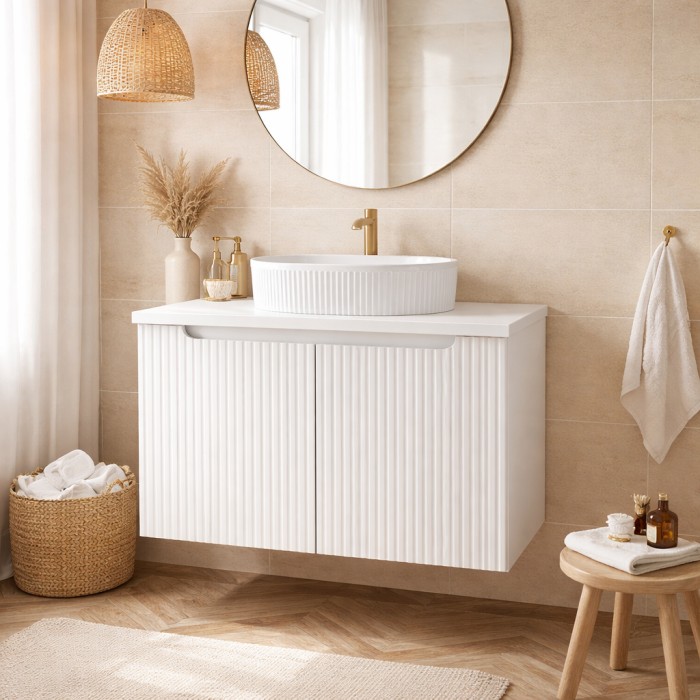 Badezimmer-Set VANO weiß 80cm: Unterschrank mit gerillten Schränken + Matte Alpinweiß Waschtischplatte