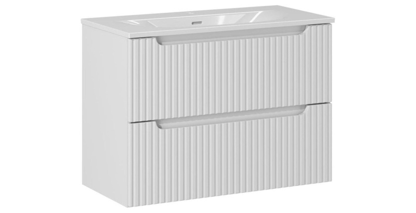 Ensemble de salle de bain suspendu VANO blanc 80cm : meuble sous vasque à tiroirs rainuré + vasque encastrée blanche