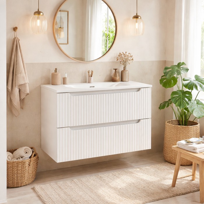 Conjunto de baño suspendido VANO blanco 80cm: mueble bajo lavabo con cajones ranurados + lavabo empotrado blanco