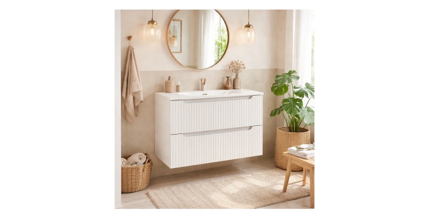 Ensemble de salle de bain suspendu VANO blanc 80cm : meuble sous vasque à tiroirs rainuré + vasque encastrée blanche