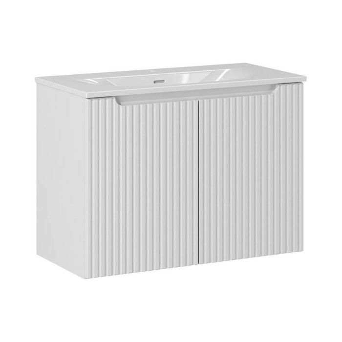Conjunto de baño suspendido VANO blanco de 80cm: mueble bajo lavabo con armarios ranurados + lavabo empotrado blanco