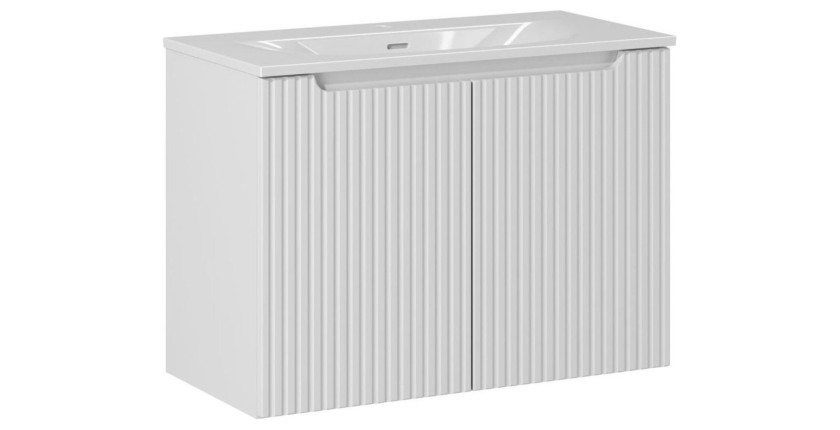 Ensemble de salle de bain suspendu VANO blanc 80cm : meuble sous vasque à placards rainuré + vasque encastrée blanche