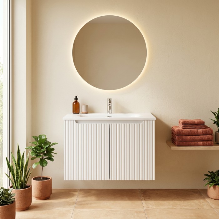 Conjunto de baño suspendido VANO blanco de 80cm: mueble bajo lavabo con armarios ranurados + lavabo empotrado blanco