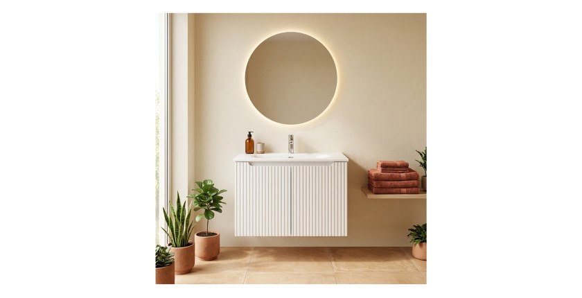 Ensemble de salle de bain suspendu VANO blanc 80cm : meuble sous vasque à placards rainuré + vasque encastrée blanche