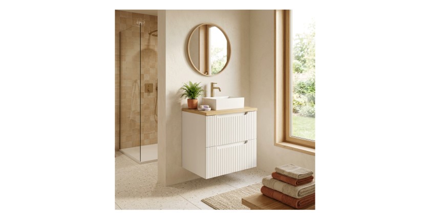 Ensemble VANO 50cm : meuble sous vasque à tiroirs, plan pour vasque et vasque à poser rectangle mis en situation