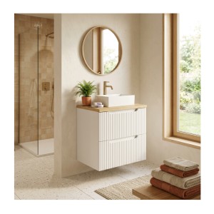 Ensemble VANO 50cm : meuble sous vasque à tiroirs, plan pour vasque et vasque à poser rectangle mis en situation