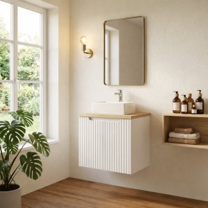 Ensemble VANO 50cm : meuble sous vasque à placards, plan pour vasque et vasque à poser rectangle mis en situation