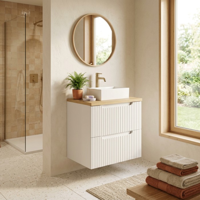 Badezimmer-Set VANO weiß 50cm: Unterschrank mit gerillten Schubladen + Waschtischplatte in heller Eichenoptik