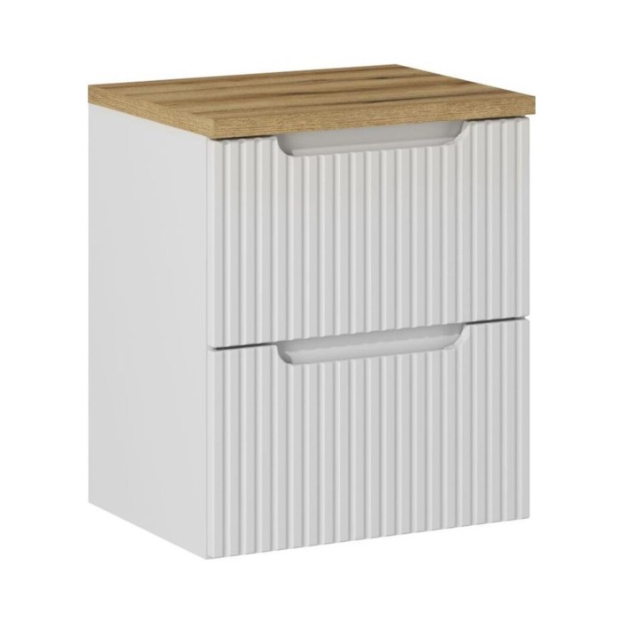 Badezimmer-Set VANO weiß 50cm: Unterschrank mit gerillten Schubladen + Waschtischplatte in heller Eichenoptik