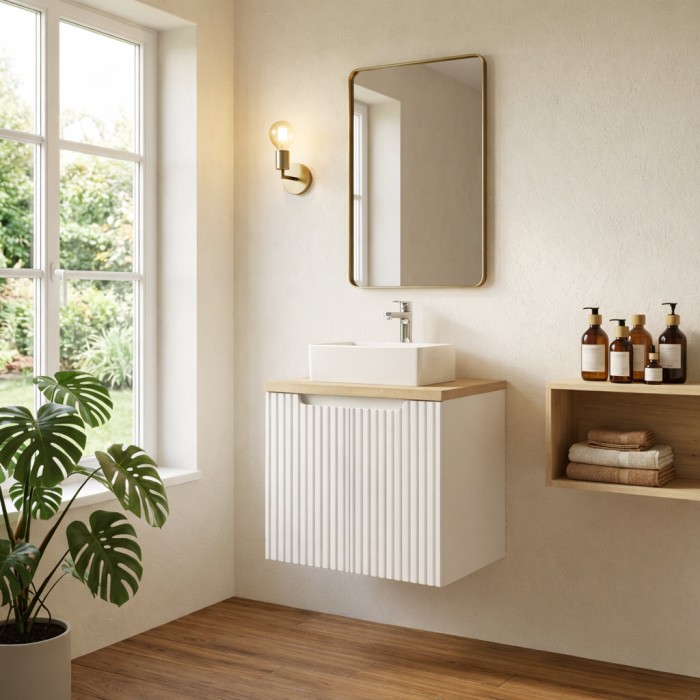 Badezimmer-Set VANO weiß 50cm: Unterschrank mit gerillten Türen + Waschtischplatte in heller Eichenoptik