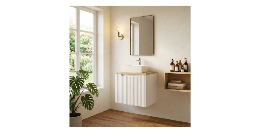 Ensemble VANO 50cm : meuble sous vasque à placards et plan pour vasque aspect chêne clair mis en situation