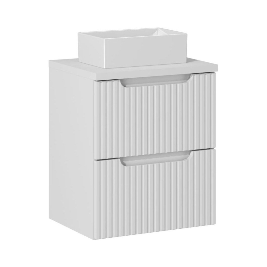 Ensemble VANO 50cm blanc alpin : meuble sous vasque à tiroirs, plan pour vasque et vasque à poser