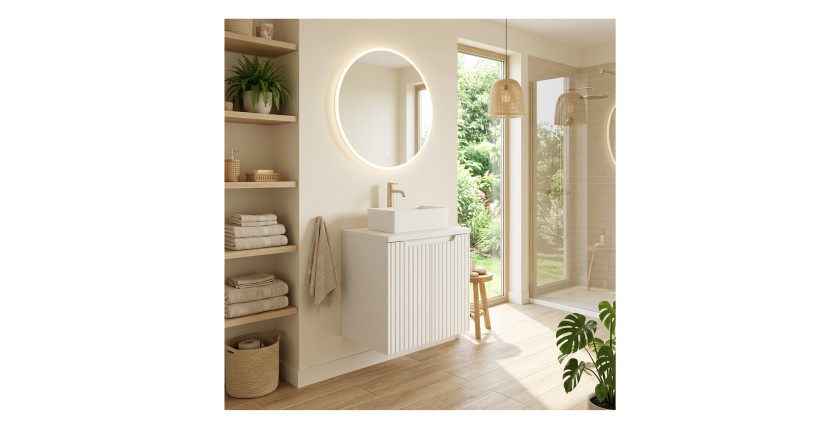 Ensemble VANO 50cm blanc alpin : meuble sous vasque à placard, plan pour vasque et vasque à poser mis en situation