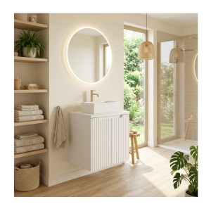 Ensemble VANO 50cm blanc alpin : meuble sous vasque à placard, plan pour vasque et vasque à poser mis en situation