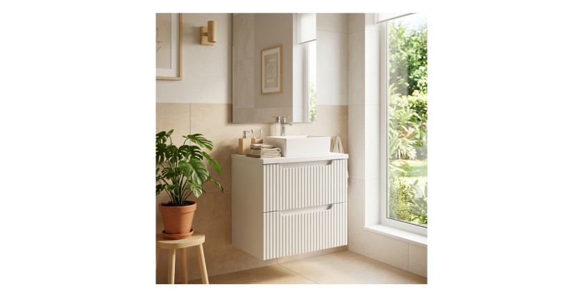 Ensemble VANO 50cm blanc alpin : meuble sous vasque à tiroirs et plan pour vasque mis en situation