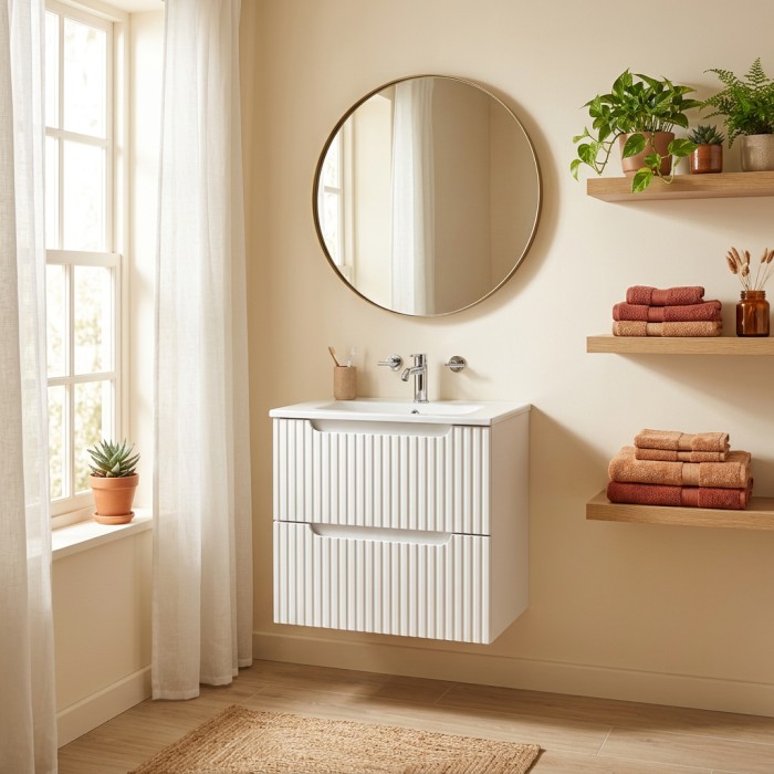 Conjunto de baño suspendido VANO blanco 50cm: mueble bajo lavabo con cajones ranurados + lavabo empotrado blanco