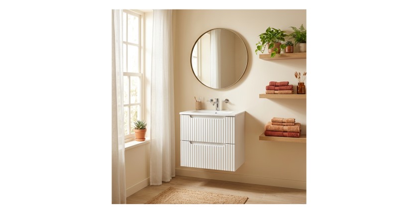 Ensemble VANO 50cm blanc alpin : meuble sous vasque à tiroirs et vasque encastrée mis en situation