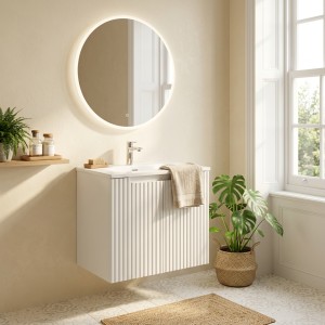 Ensemble VANO 50cm blanc alpin : meuble sous vasque à placards et vasque encastrée mis en situation