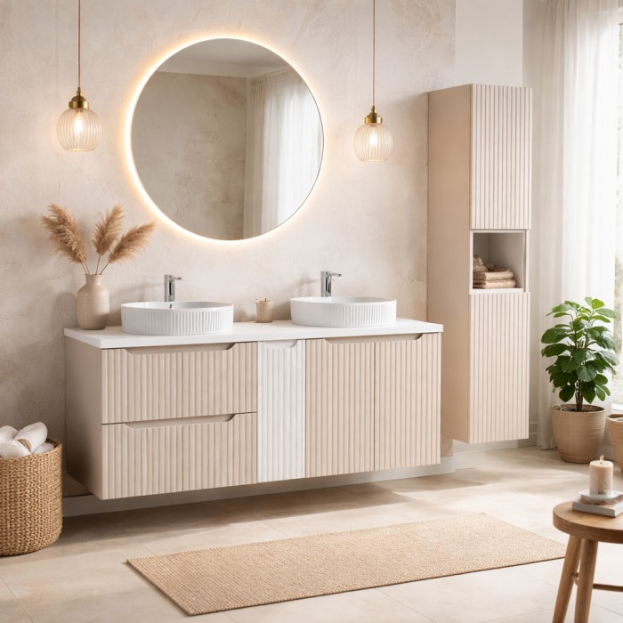 Ensemble VANO cachemire y blanco 170cm: muebles bajo lavabo con cajones y armarios + lavabos sobre encimera ranurados + columna