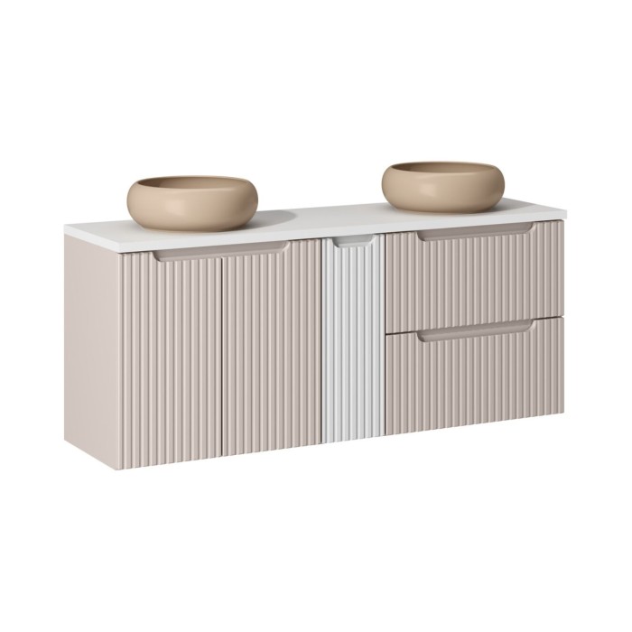 Insieme VANO cashmere e bianco 140cm : mobili sotto lavabo con cassetti e armadietti + lavabi da appoggio marrone cappuccino