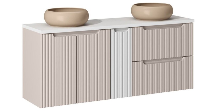 Ensemble VANO cachemire et blanc 140cm : meubles sous vasque à tiroirs et placards + vasques à poser marron cappuccino