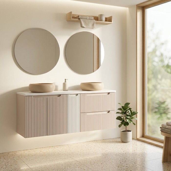 Insieme VANO cashmere e bianco 140cm : mobili sotto lavabo con cassetti e armadietti + lavabi da appoggio marrone cappuccino