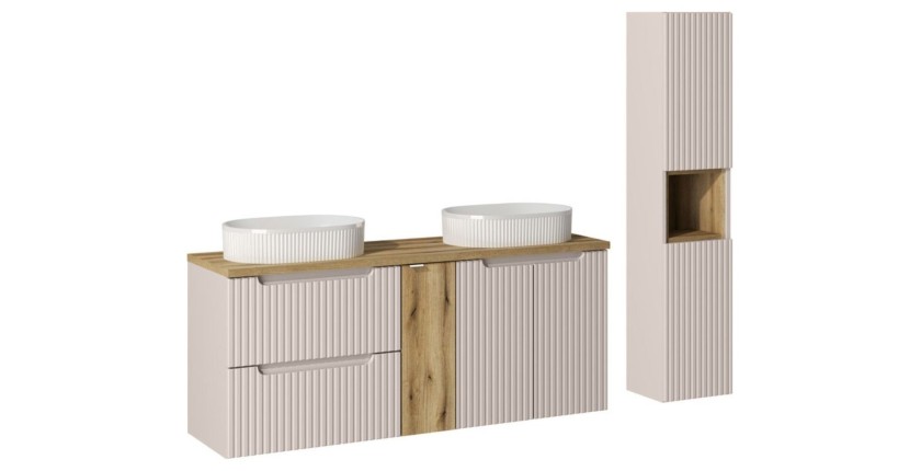 Ensemble VANO cachemire et chêne 170cm : meubles sous vasque à tiroirs et placards + vasques à poser rainurées + colonne