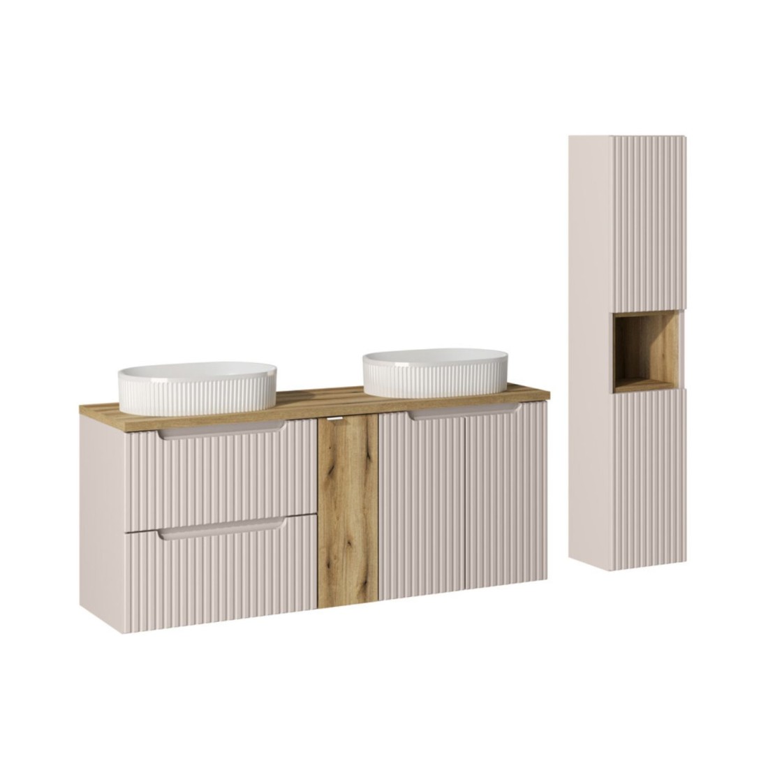 Ensemble VANO cachemire et chêne 170cm : meubles sous vasque à tiroirs et placards + vasques à poser rainurées + colonne