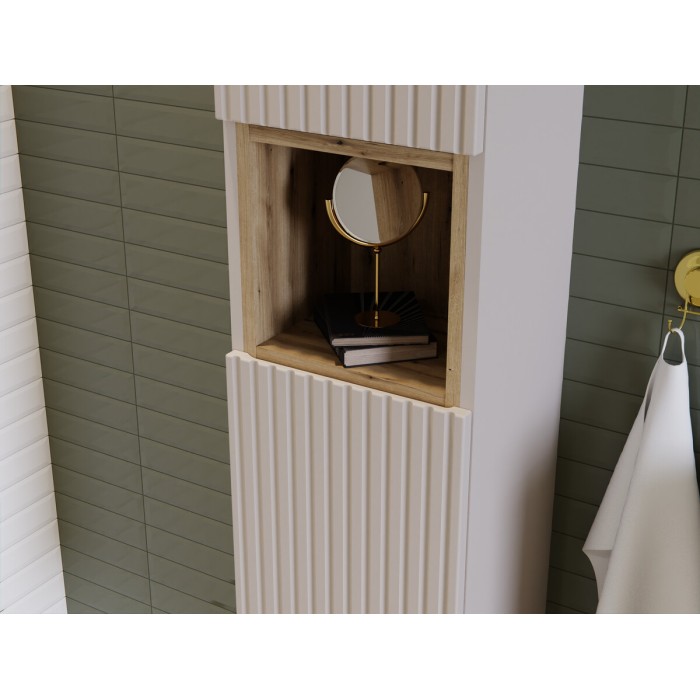 Insieme VANO cashmere e quercia 170cm: mobili sotto lavabo con cassetti e armadietti + lavabi da appoggio scanalati + colonna
