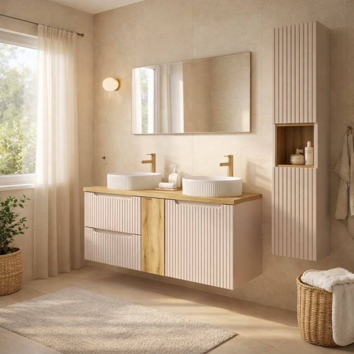 Insieme VANO cashmere e quercia 170cm: mobili sotto lavabo con cassetti e armadietti + lavabi da appoggio scanalati + colonna