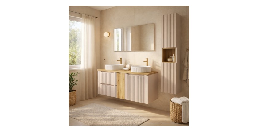 Ensemble VANO cachemire et chêne 170cm : meubles sous vasque à tiroirs et placards + vasques à poser rainurées + colonne