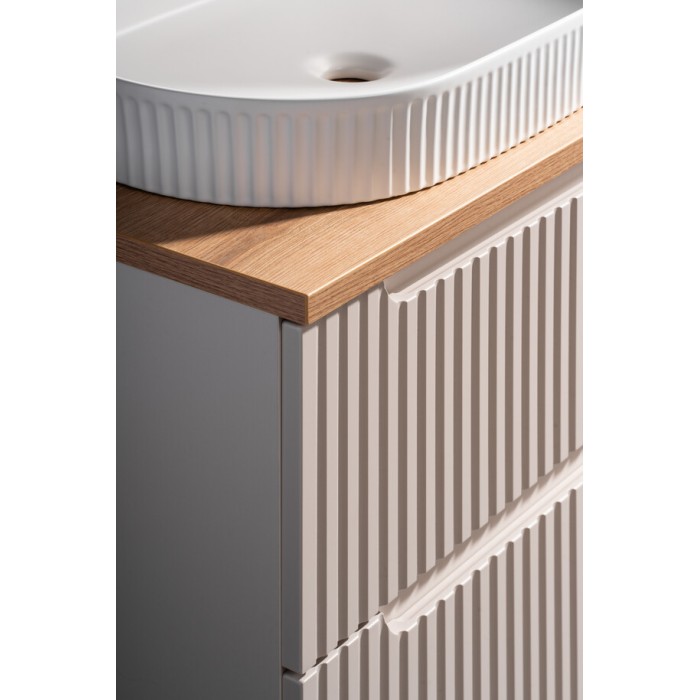 Insieme VANO cachemire e quercia 140cm: mobili sotto lavabo con cassetti e armadietti + lavabi da appoggio bianchi scanalati