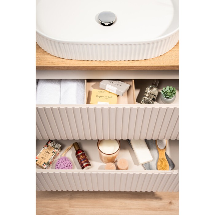 Insieme VANO cachemire e quercia 140cm: mobili sotto lavabo con cassetti e armadietti + lavabi da appoggio bianchi scanalati