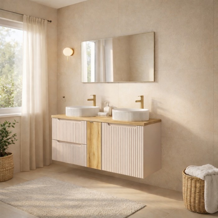 Insieme VANO cachemire e quercia 140cm: mobili sotto lavabo con cassetti e armadietti + lavabi da appoggio bianchi scanalati