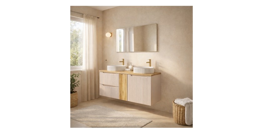 Ensemble VANO cachemire et chêne 140cm : meubles sous vasque à tiroirs et placards + vasques à poser rainurées blanches