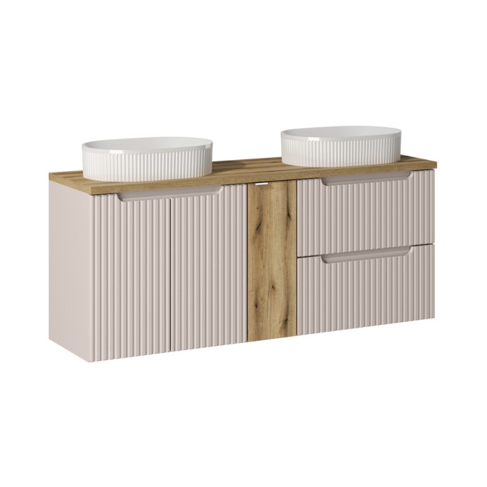 Insieme VANO cachemire e quercia 140cm: mobili sotto lavabo con cassetti e armadietti + lavabi da appoggio bianchi scanalati
