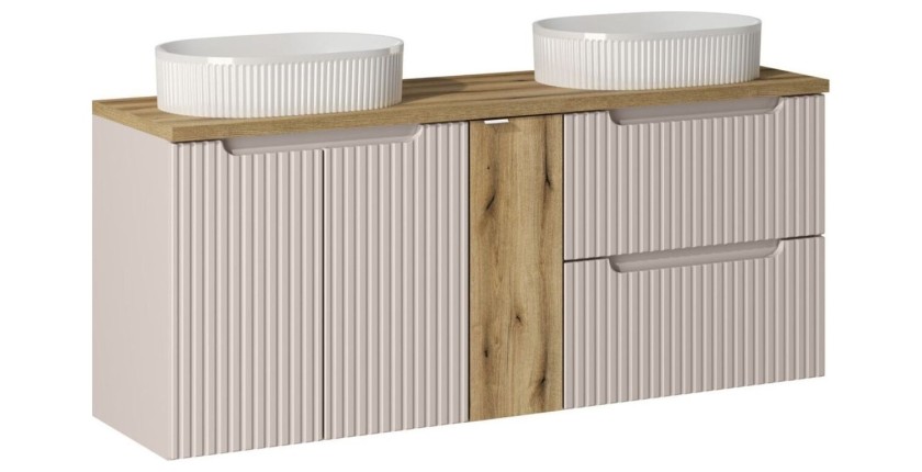 Ensemble VANO cachemire et chêne 140cm : meubles sous vasque à tiroirs et placards + vasques à poser rainurées blanches