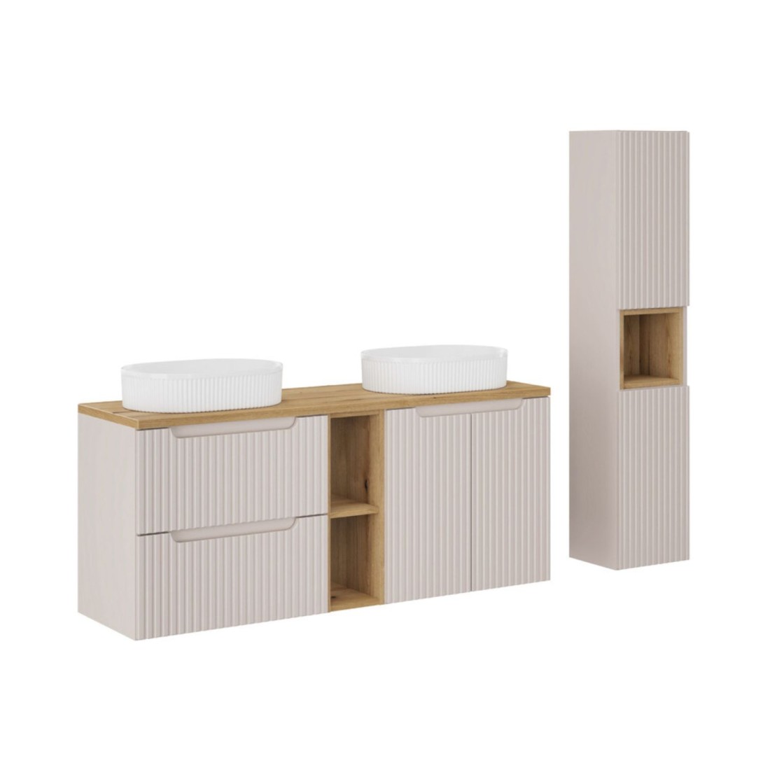 Ensemble VANO cachemire et chêne 170cm : meubles sous vasque à tiroirs et placards avec niches visibles + vasques à poser + colo