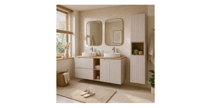 Ensemble VANO cachemire et chêne 170cm : meubles sous vasque à tiroirs et placards avec niches visibles + vasques à poser + colo