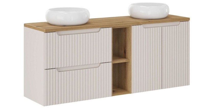 Ensemble VANO cachemire et chêne 140cm : meubles sous vasque à tiroirs et placards avec niches visibles + vasques à poser rondes