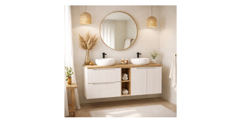 Ensemble VANO cachemire et chêne 140cm : meubles sous vasque à tiroirs et placards avec niches visibles + vasques à poser rondes