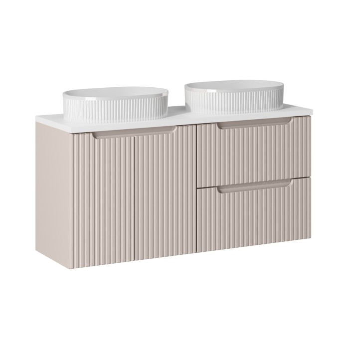 Insieme VANO cashmere e bianco 120cm: mobile sottolavabo con cassetti e armadietti + piano per lavabo + lavabi da appoggio scana