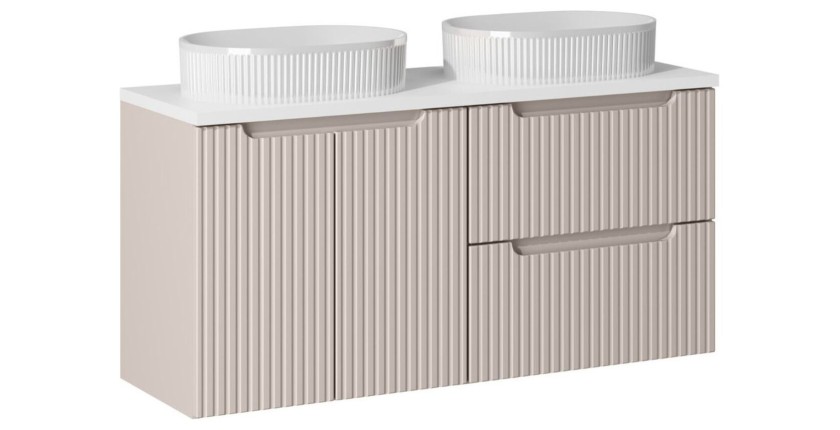 Ensemble VANO cachemire et blanc 120cm : meubles sous vasque à tiroirs et placards + plan pour vasque + vasques à poser rainurée