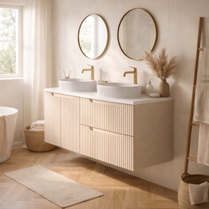 Insieme VANO cashmere e bianco 120cm: mobile sottolavabo con cassetti e armadietti + piano per lavabo + lavabi da appoggio scana
