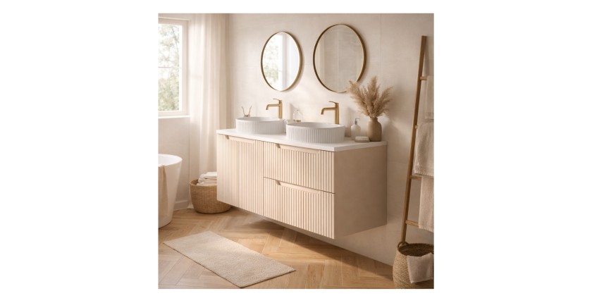 Ensemble VANO cachemire et blanc 120cm : meubles sous vasque à tiroirs et placards + plan pour vasque + vasques à poser rainurée